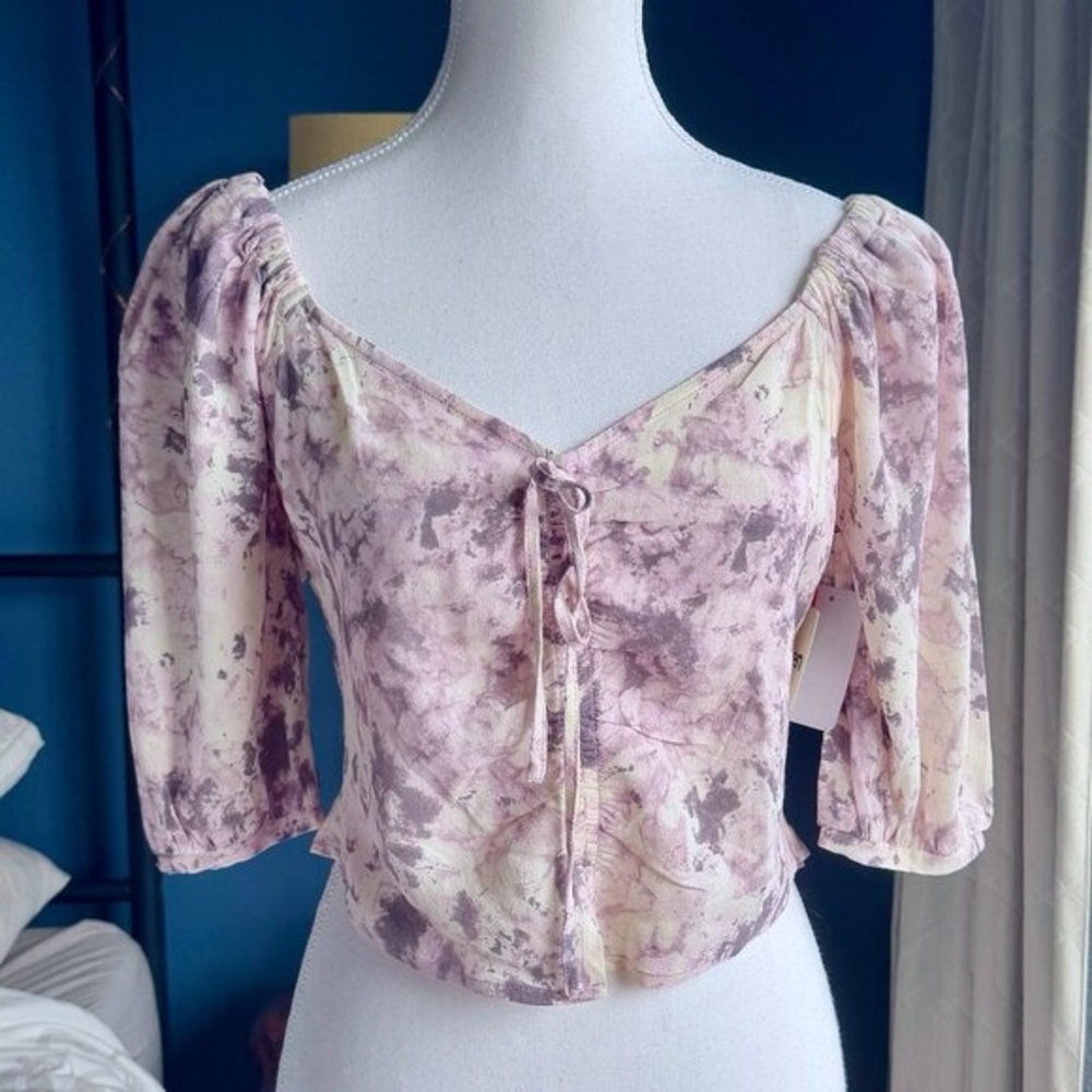 Open Edit Lavender and White Tie Front Puff Sleeve Peasant Top NWT